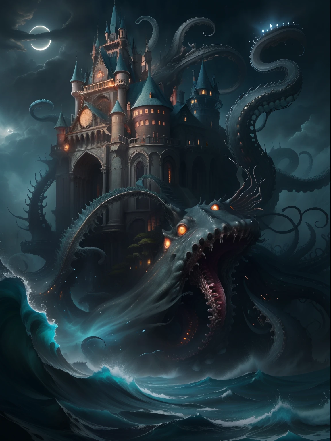 tmasterpiece:Dark castle on the move,Below is the sea monster,(The sea monster holds up the castle),Sea Monster Tentacles,Octopus tentacles,the night,rays of moonlight,swell sea,shock,mistic,sorceress woman。(((Look at the perspective from the bottom up)))。(number art,Official artistic aesthetics,k hd,8K,Super meticulous,higher details,Exquisitely)