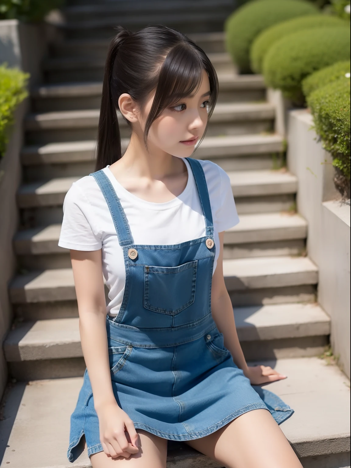 Outdoor staircase,Sit up,年轻,(Light Color Denim Apron Skirt),s girl,A dark-haired,Twin-tailed,poneyTail,delicate and petite body