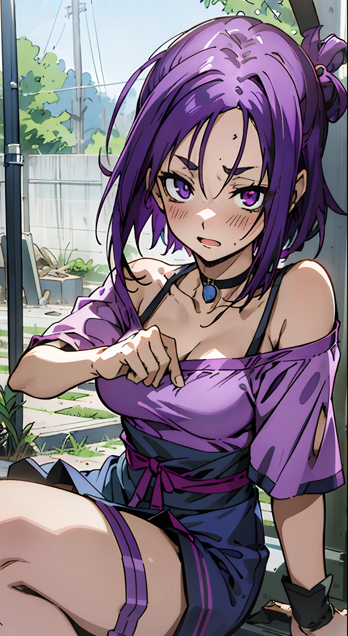 masutepiece, Best Quality, Ultra-detailed, Off-the-shoulder clothing, Colorful,Up-close, Hyper-detailing,purple color hair, Reo Mikage, Blue Lock, no sleeves, Camisole, Blue Camisole, Cheongsam, chinese clothes, Chest exposure, Underwear, Metamorphosis is exposed, Choker, arm warmer, Sexy breasts, Scar, Big breasts, red blush, 1girl in, Solo, Sharp face, Heterochromia, Green eyes, Purple eyes, Bare neck, Happy face, rays of sunshine, Brave Sky, shining sky, tiarra, Slums