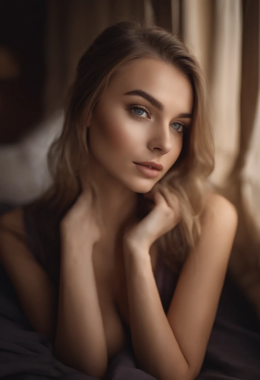 Arafed woman completely , fille sexy aux yeux bleus, ultra realist, Meticulously detailed, Portrait Sophie Mudd, cheveux blonds et grands yeux, selfie of a young woman, Yeux de chambre, Violet Myers, sans maquillage, maquillage naturel, looking straight at camera, Visage avec Artgram, Maquillage subtil, Great photo of the whole body kneeling on the bed, dans la chambre, Medium to large bust