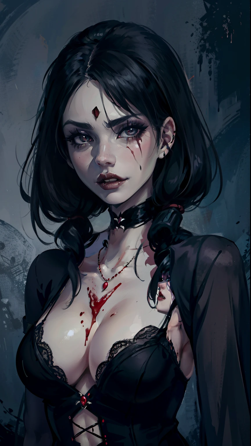 Gothic woman with blood dripping from her mouth beautiful vampire queen, vampire girl, gothic horror vibes, beautiful female vampire queen, Guweiz-style art, dark fantasy mixed with realism, androgynous vampire, goth maiden anime girl, gothic aesthetic, female vampire, gothic art style, vampire fashion, [4K digital art]!
