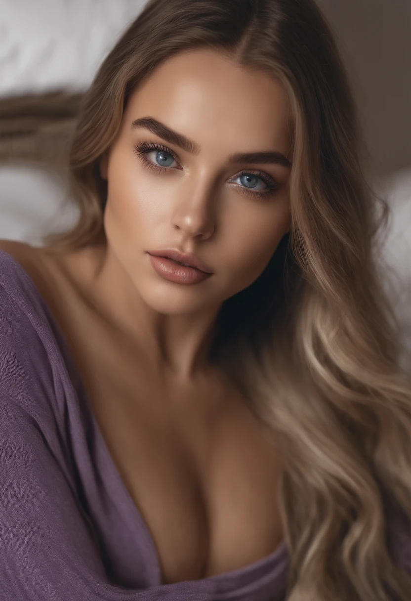 Arafed woman completely , fille sexy aux yeux bleus, ultra realist, Meticulously detailed, Portrait Sophie Mudd, cheveux blonds et grands yeux, selfie of a young woman, Yeux de chambre, Violet Myers, sans maquillage, maquillage naturel, looking straight at camera, Visage avec Artgram, Maquillage subtil, Great photo of the whole body kneeling on the bed, dans la chambre, Medium to large bust
