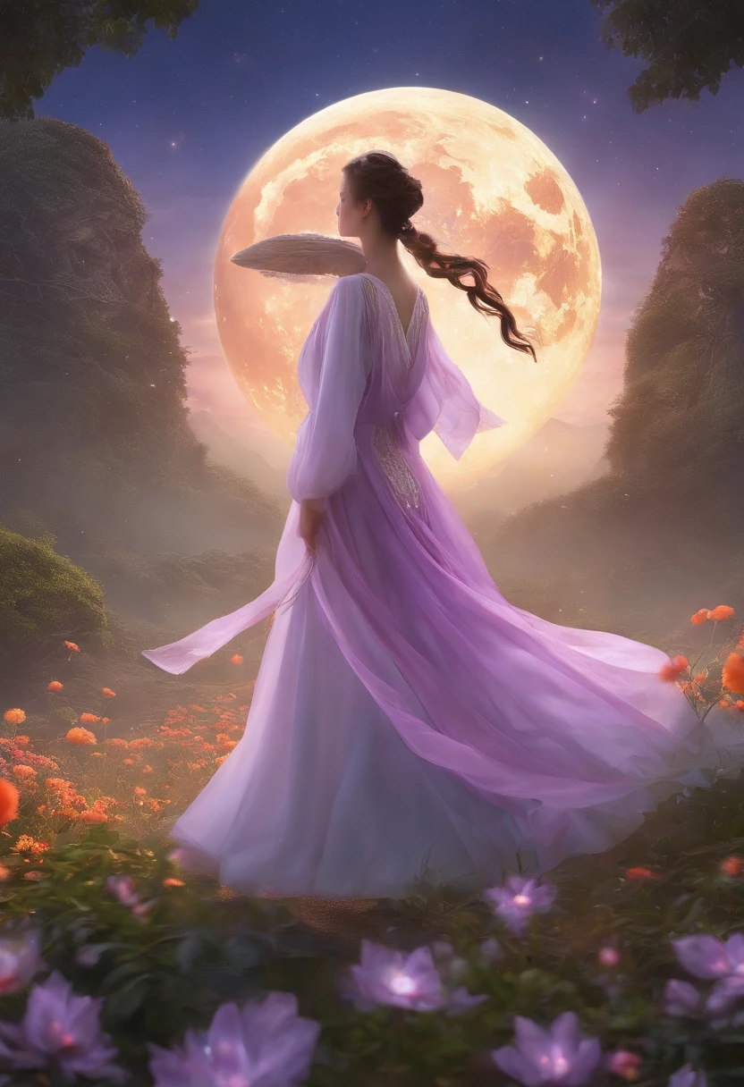 Defeat the brave Takraw Demon King Brave attire Vast landscape photo with a sword、（View from below with a view of the sky and the wilderness below）、Girl standing in a flower field and looking up、（fullmoon：1.2）、（shooting stars：0.9）、（nebulas：1.3）、mountain in the distance、Tree BREAK Production Art、(Warm color Light Source:1.2)、(fireflys:1.2)、abajour、Purple and orange、intricate detailes、Volume Lighting、Realism BREAK (​masterpiece:1.2)、(top-quality)、4k、Ultra-Details、(The composition of the movement:1.4)、Very detailed and colorful details、(Iridescent colors:1.2)、(glowing lighting、Atmospheric lighting)、dream-like、Magical、(独奏:1.2)