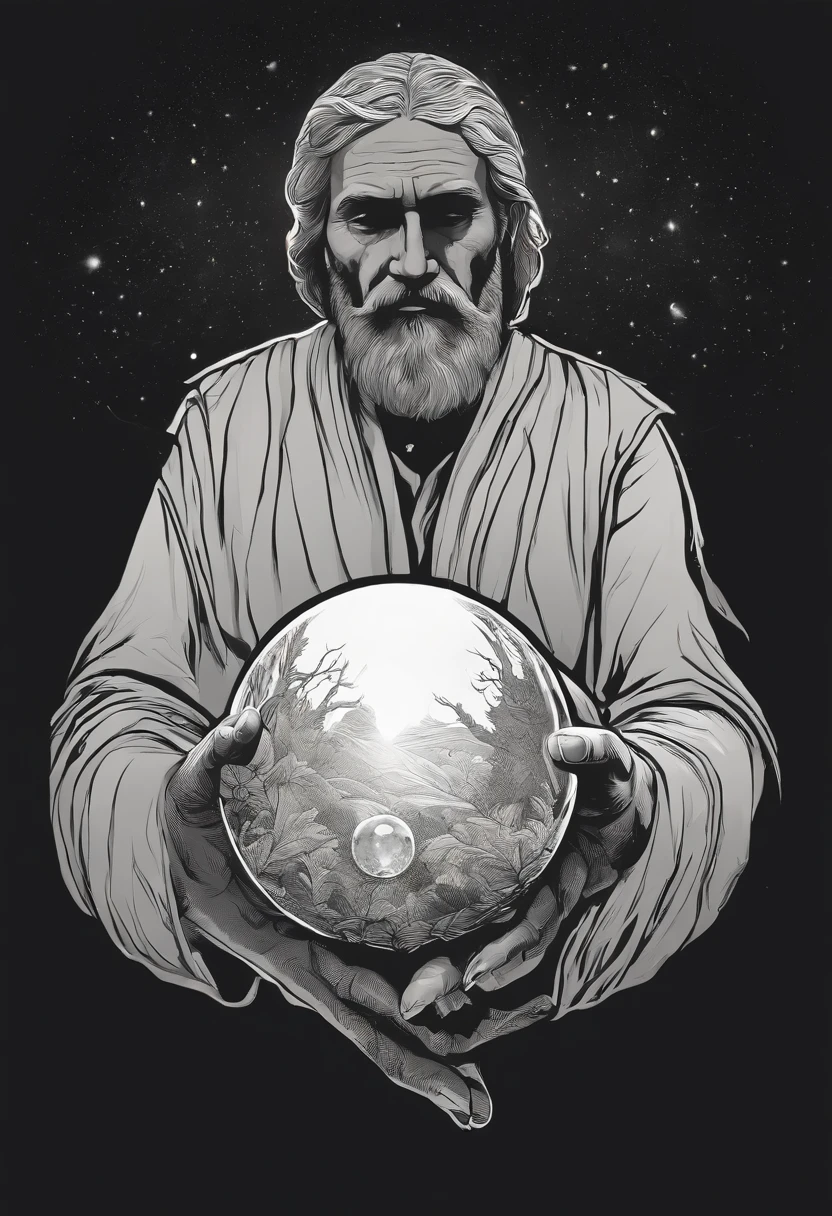 /imagine prompt: Prophet illustration with sticker on black background,Half-body diagram，Holding a small crystal ball in his hand，The outline is bold, Jagged edges, Garbage core, Light and shadow --V 5.2