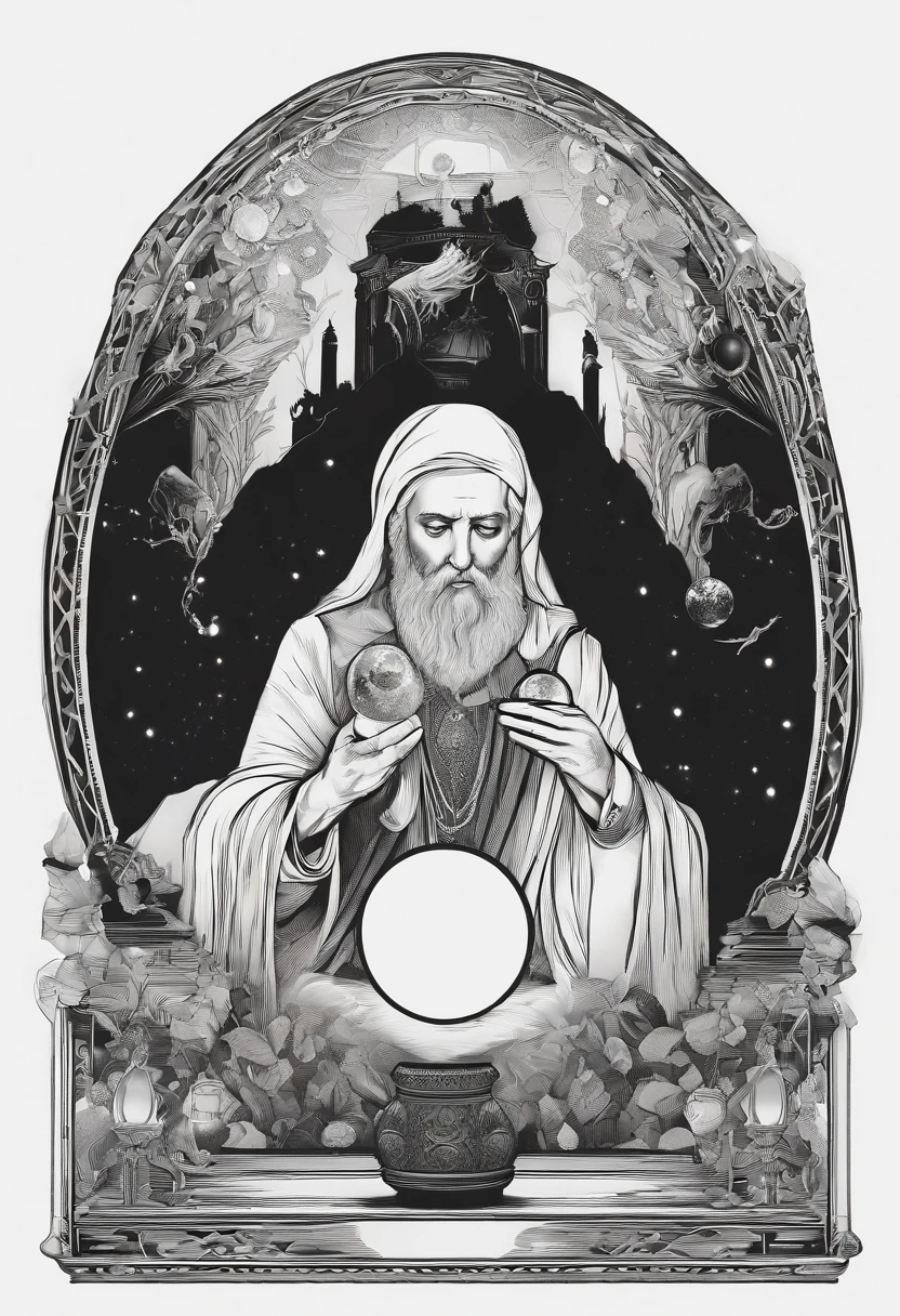 /imagine prompt: Prophet illustration with sticker on black background,Half-body diagram,Holding a small crystal ball in his hand,The outline is bold, Jagged edges, Garbage core, Light and shadow --V 5.2