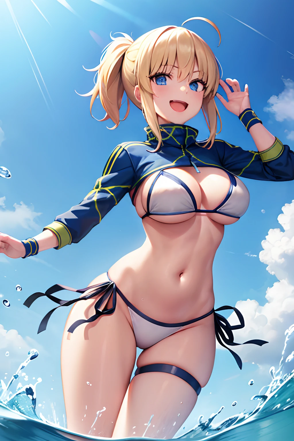 masterpiece,(ultra-detailed),1girl, mysterious heroine xx \(fate\), smile,open mouth, swimsuit, white bikini, side-tie bikini bottom, shrug \(clothing\), jacket,  thigh strap, wristband,  large breasts, ocean, splashing,