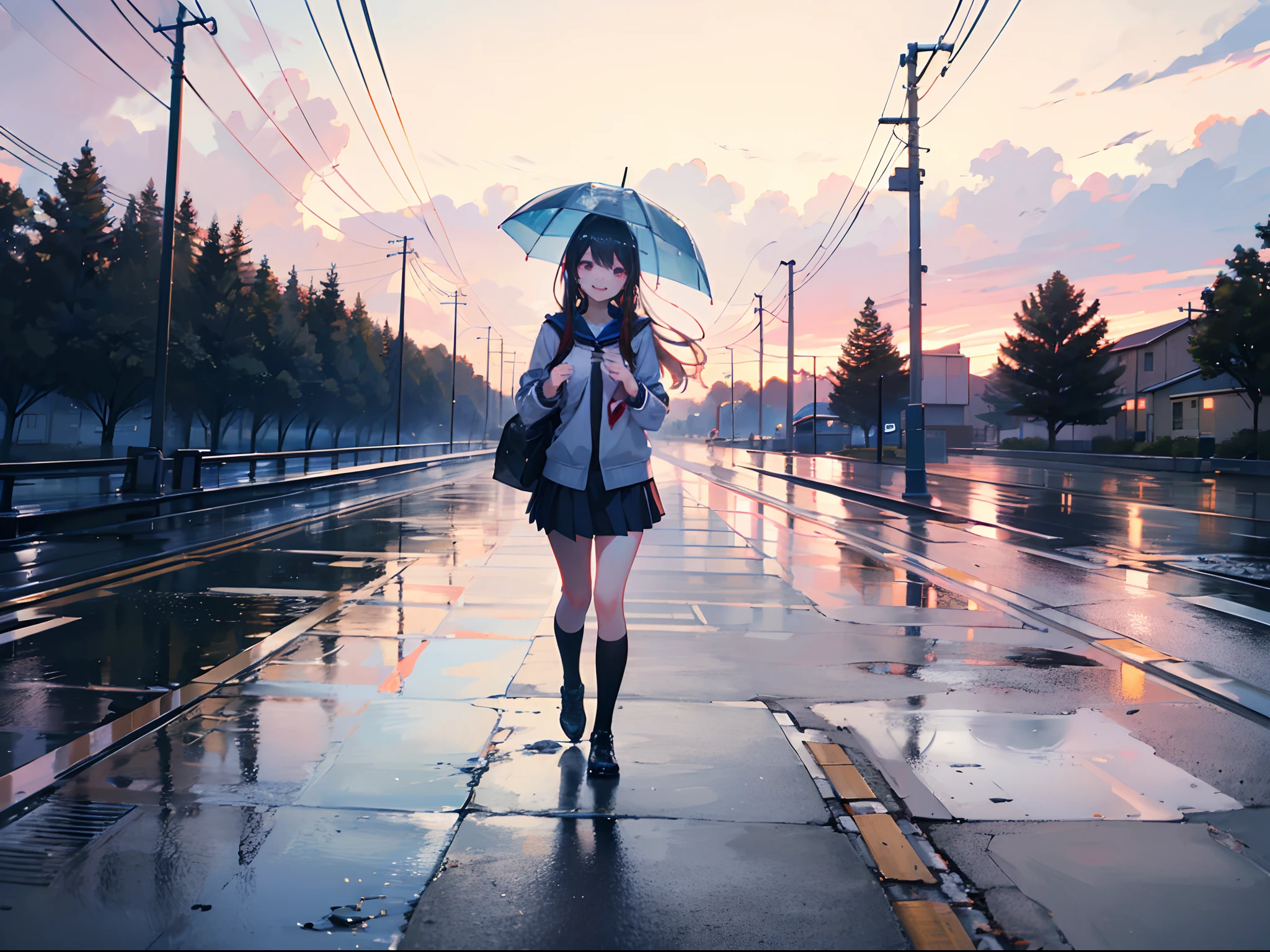 ((Best quality, 8K, Masterpiece: 1.3)), highschool girls walking in rain, soaked wet, laughing, beautiful scenery