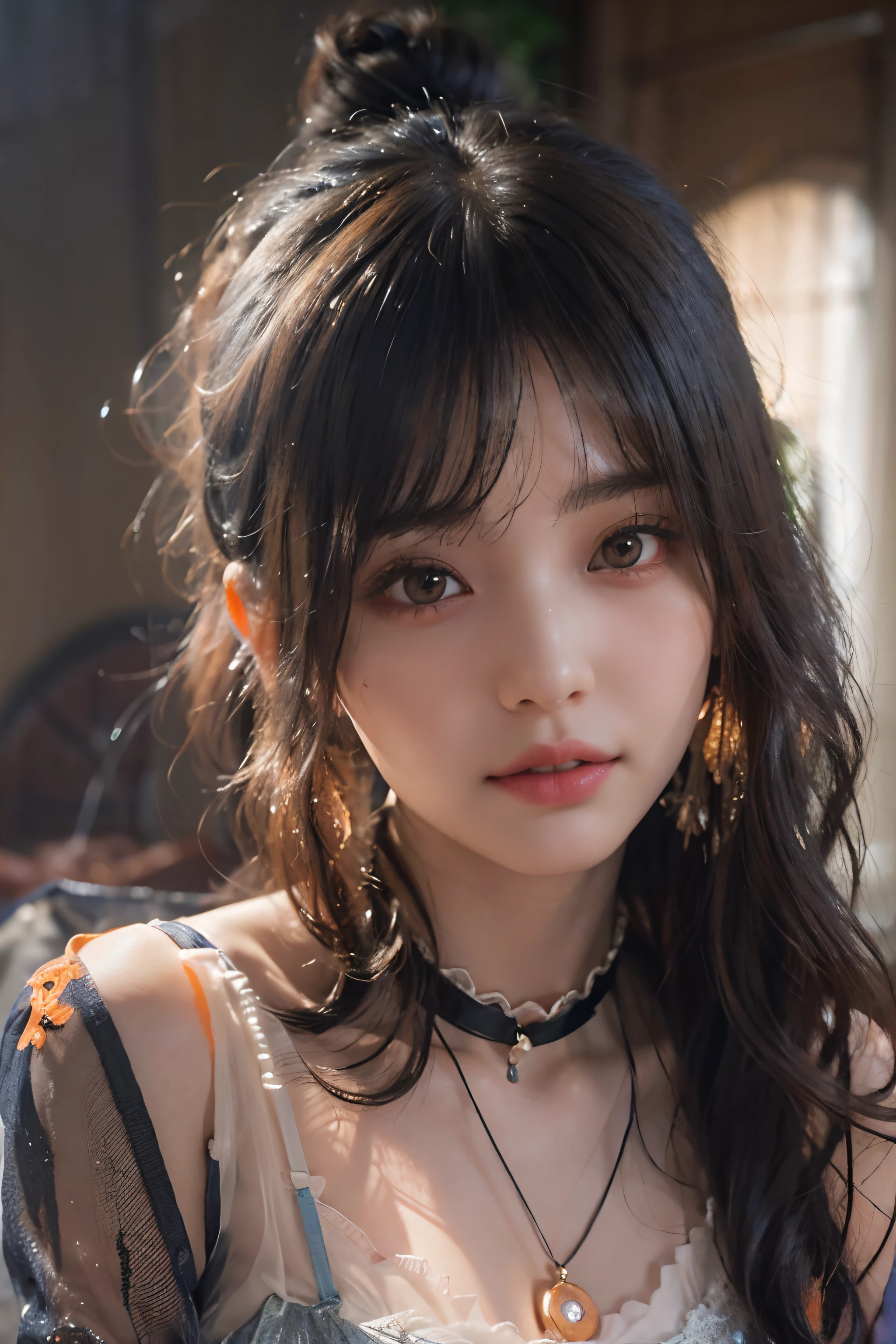 (upper Shot)、1girl in、in her 20s、((Medium Hair))、(Twin-tailed)、(((Black hair, Orange dip dyed hair)))、((bangss))、(Photoreal Stick:1.2)、in 8K、(High quality shadows)、(A charming expression)、Detail Beautiful delicate face、Detail Beautiful delicate eyes、Cute K-pop Idol、(Korean Urzan Face)、pureerosface_v1、(looking at view)、gloweyes、perfectbody、((strong lights))、(a choker)、((Brown eyes))、((Beautiful Finger))、 Shiny hair、Description beautiful delicate hair、(Lustrous skin)、((Black see-through dress))、(corsets)、(long skirt)、 (early evening)、Background blur、灯光、huge window、Broken glass、Sitting on a large sofa、