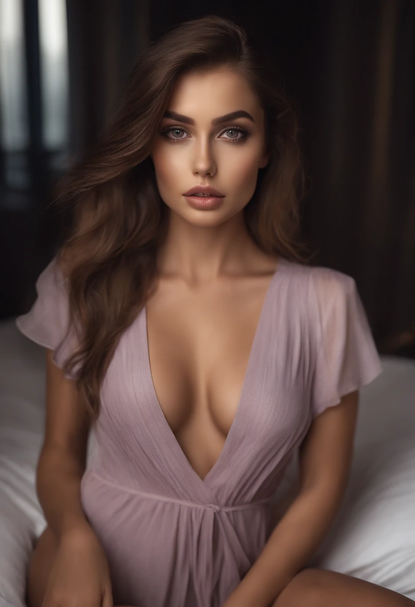 Arafed woman completely , fille sexy aux yeux bruns, ultra realist, Meticulously detailed, Portrait Sophie Mudd, cheveux bruns et grands yeux, selfie of a young woman, Dubai Eyes, Violet Myers, sans maquillage, maquillage naturel, looking straight at camera, Visage avec Artgram, Maquillage subtil, Great photo of the whole body kneeling on the bed, dans la chambre, Medium to large bust