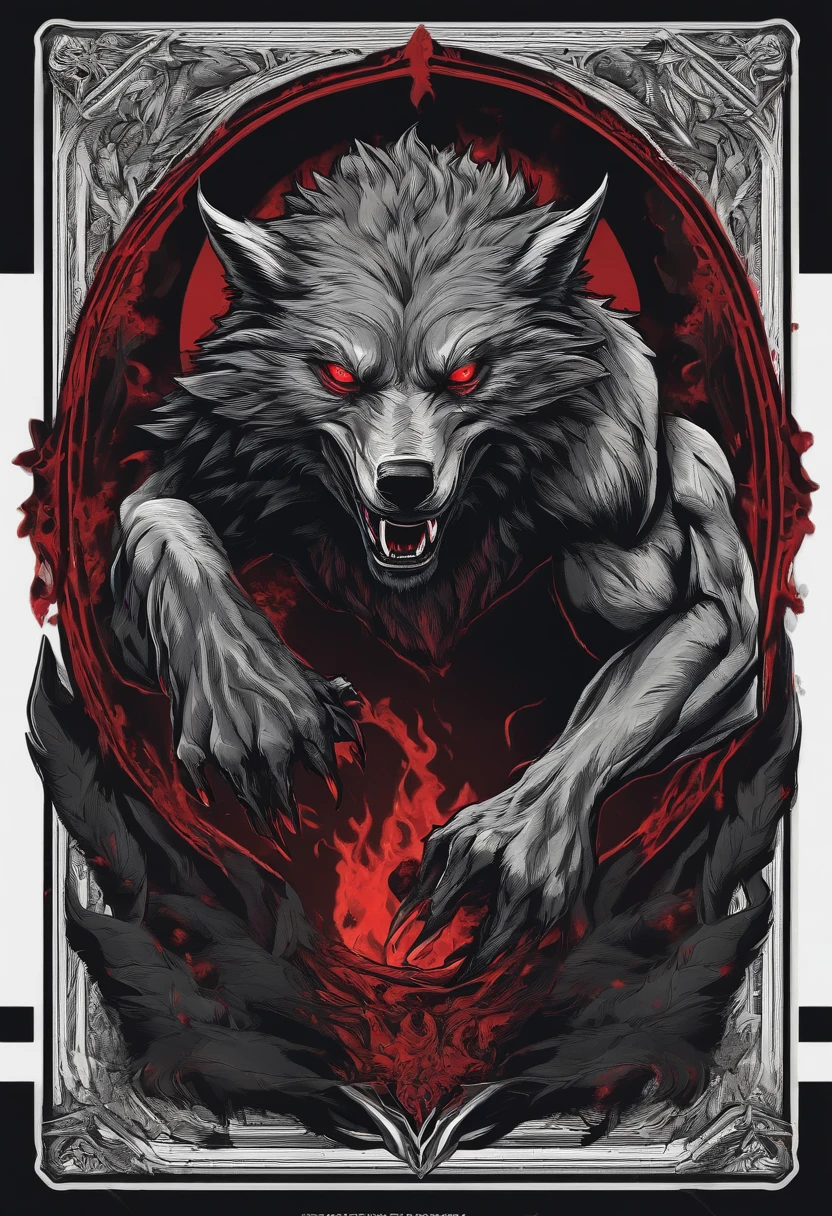 /imagine prompt: Werewolf illustration with black background sticker, Red eyes, Sharp claws, Bold outline style, Jagged edges, Garbage core, no Light and no Shadow - V 5.2