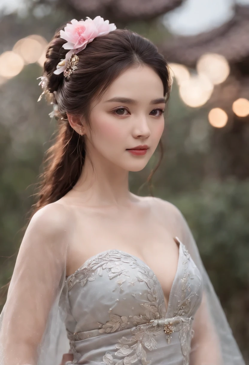 Best quality, Masterpiece,Upper body,(Background:sonoko),1 girl, Mature woman, Chinese style, Ancient China, sister, Dancer, Dark brown hair, Dark hair, Princess cut, Fried dough twisted braids, Coiled hair, Double ball head,Coiled hair,Streamers, Light pink lips, calm, Intellectual, Red eyes, nipple tassels, Silver, Beads,Peony flower, offcial dress, capes, Silk skirt, Embroidery, Fine face, facial closeups, Close-up of the hand,Light-colored clothes,Beautiful face,Photorealistic, rim lit, twotonelighting,(highdetailskin:1.2), 8K, Ultra HD, Digital SLR, Soft lighting, High quality, voluminetric lighting, photographed, high resolution, 4K, 8K, Bokeh