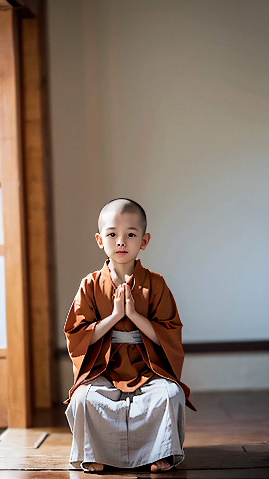 (masterpiece:1.1),(best quality:1.1),(Little monk meditating:1.3),(4 years old:1.2),cute,yellow robe,skinhead,(looking at viewer:1.1),seating,smile,having spiritual energy,(buddhist mood:1.1),soft light,god rays,clean background,close-up,depth of field,