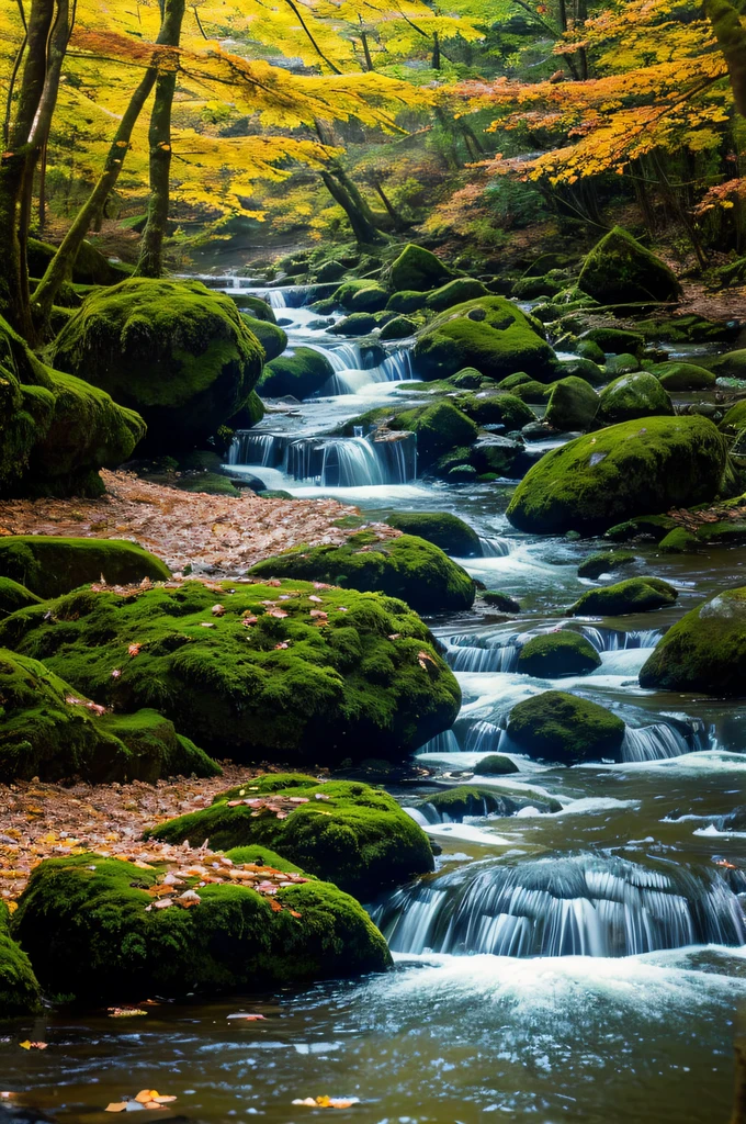 Babbling in the mossy autumn forest、Waterfall with small steps nearby、Sunlight leaking through autumn leaves、View from the riverside、Autumn leaves floating on the river、Crystal clear water surface、Realistic high-definition depiction