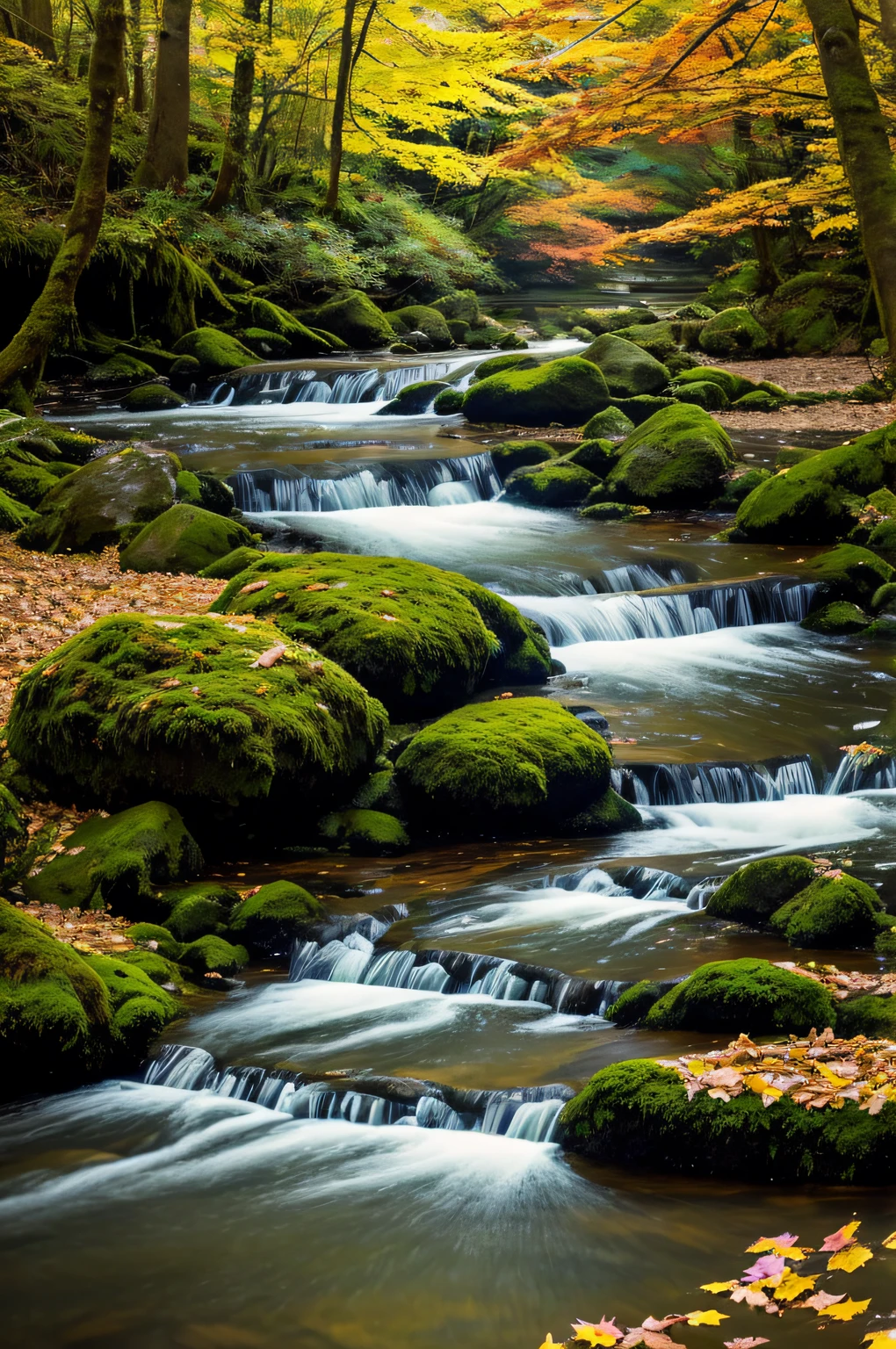 Babbling in the mossy autumn forest、Waterfall with small steps nearby、Sunlight leaking through autumn leaves、View from the riverside、Autumn leaves floating on the river、Crystal clear water surface、Realistic high-definition depiction