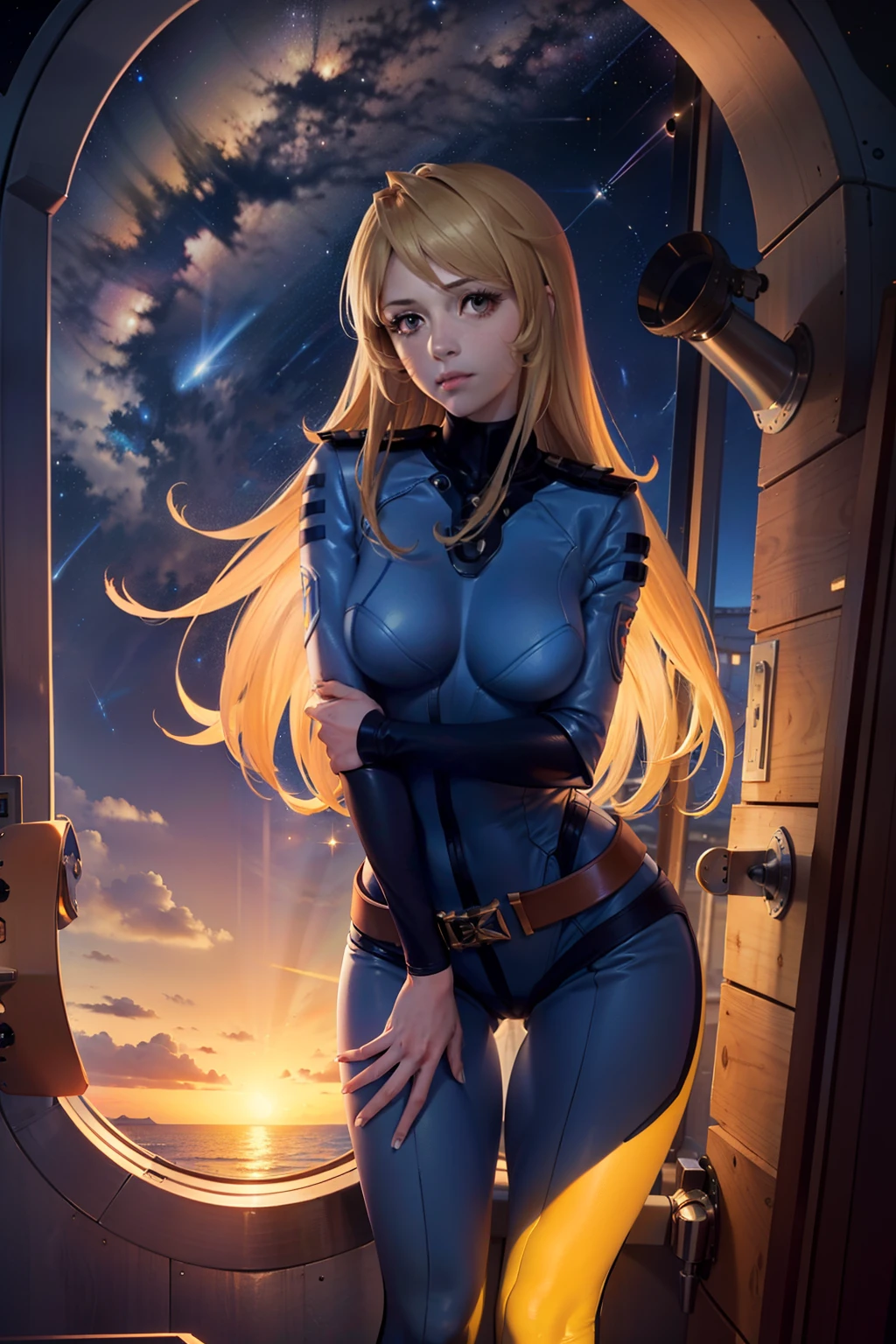 (masterpiece, best quality:1.2), (cowboy shot:1.1), solo, 1girl, mori yuki, slight smile, closed mouth, looking at viewer, blonde hair, thigh gap, yellow bodysuit, skin-tight, perfect body, belt, large window, (starship porthole:1.3), from front, (spread legs:1.3), (standing:1.1), thigh gap, perfect hands, bright starship interior, (outer space view:1.1), (orbital view:1.3), (night, stary sky:1.5), milky way