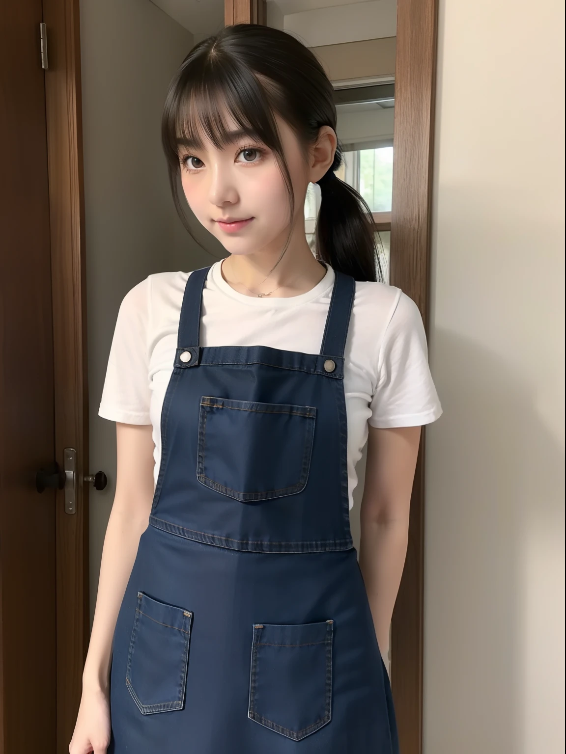 年轻，(Denim Apron Skirt)，teens girl，A dark-haired，Twin-tailed，poneyTail，delicate and petite body