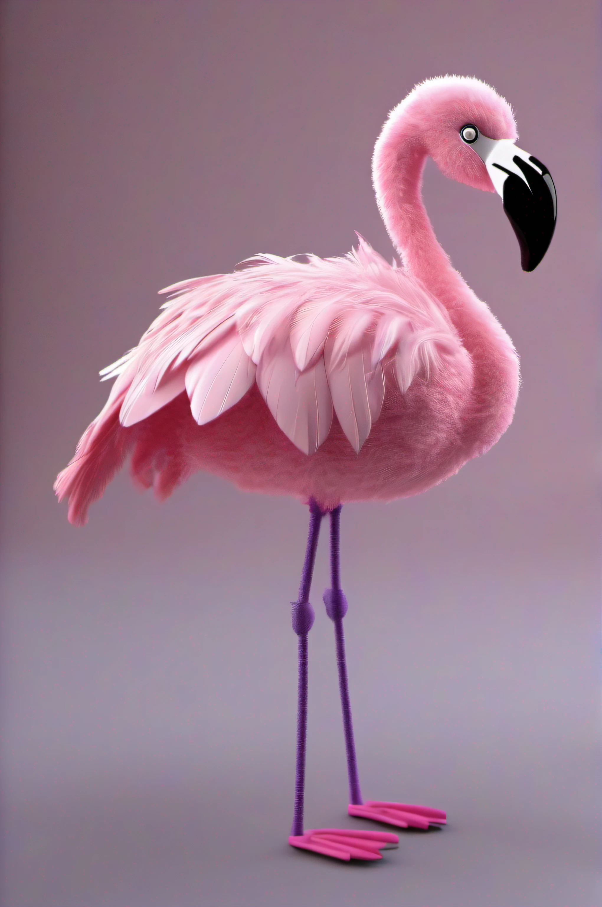 flamingo plush furry feather toy with big eyes, light pink body and dark purple beak, full body, ultra detailed 3D model rendering, depth of field