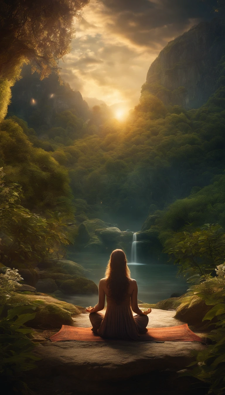 A cinematic figure in meditation, surrounded by natural elements and lighting symbols, transmitindo a ideia de profundidade, Self-conscious reflection