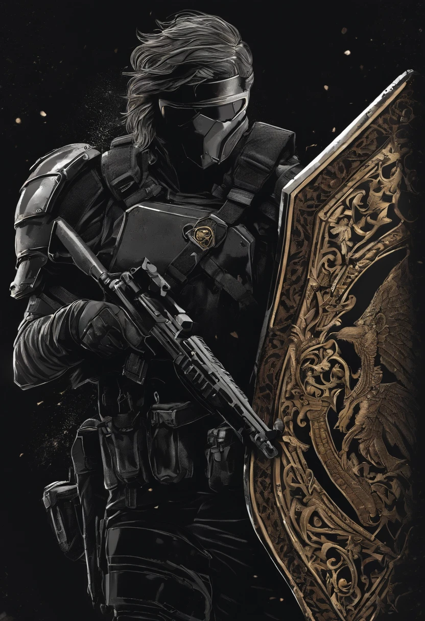 /imagine prompt: Guard illustration with sticker on black background,Half-body diagram，Shield in hand，The outline is bold, Jagged edges, Trash core, Light and Shadow - V 5.2