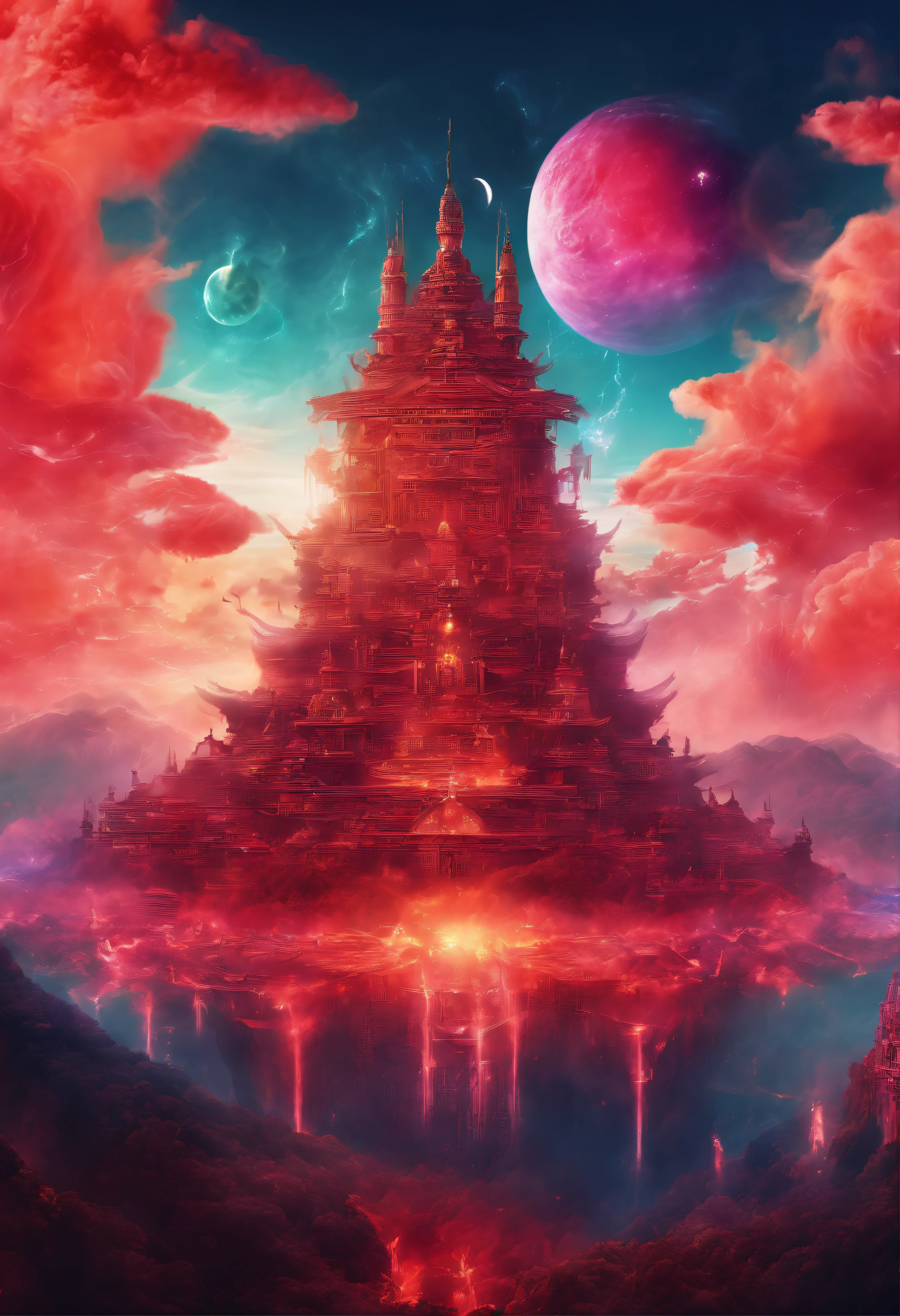 Background with:Deep outer space,Floating mountains, avatar landscape, The Way of Water,Hallelujah Hill,( A giant ancient city suspended in the air:1.5),inverted image,Movie dystopia,Epic matte painting, alien mountains, Flying Island in the Sky, amazing alien landscape, floating and flying island, extraterrestrial setting, floating lands in-clouds, lush alien landscape, environment concept art,Movie dystopia, red sun over paradise, Epic red , Glowing castle in the distance, Cyberpunk ancient city, themoon,Fantastic futuristic city,(Flying Phoenix:0.8),Dutch Golden Age painting, Fuji colors, Sparkle, Blurry, fading border, partial underwater shot, Masterpiece,8K,in a red dream world, A beautiful artwork illustration, fresh flowers,ln the forest, matte painting in fantasy style,Cubist futurism, cubismo, romanticism lain, surrealism, Cinematic lighting, god light, Fuji colors, Sparkle, in a panoramic view, Perspective, vanishing point, Sony FE GM, 8K,