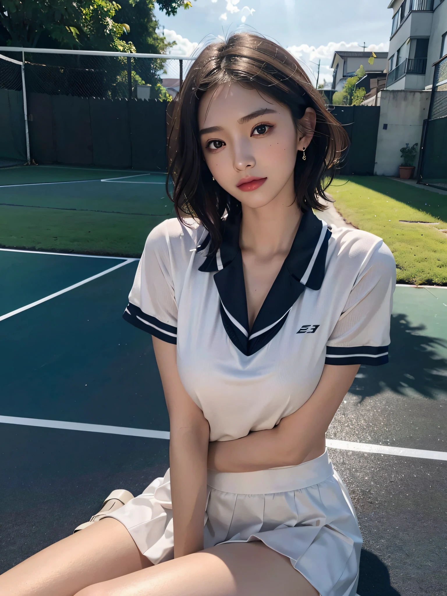 absurdres, RAW photo, extremely delicate and beautiful, masterpiece, Best Quality, ultra high resolution, 16k, hyperrealistic, ultra-detailed, Very detailed CG 8k wallpaper, Beautiful Lighting, Perfect Lightning, Realistic Shadows, perfect anatomy, super Detailed shiny skin, perfect figure, Japanese woman, late 20s, very Slim body, narrow waist, very small head, handsome detailed woman, very detailed eyes and face, realistic face proportions, Stunning detailed eyes, Realistic beautiful face, very small face, Realistic small beautiful eyes, double eyelids, makeup, tearful mole, mole on chest, earring, bare legs, beautiful and very thin legs, beautiful and very thin thighs, midriff peek, ((very huge round breasts)), (full body shot), (short hair), wavy hair, ((tennis uniform)),