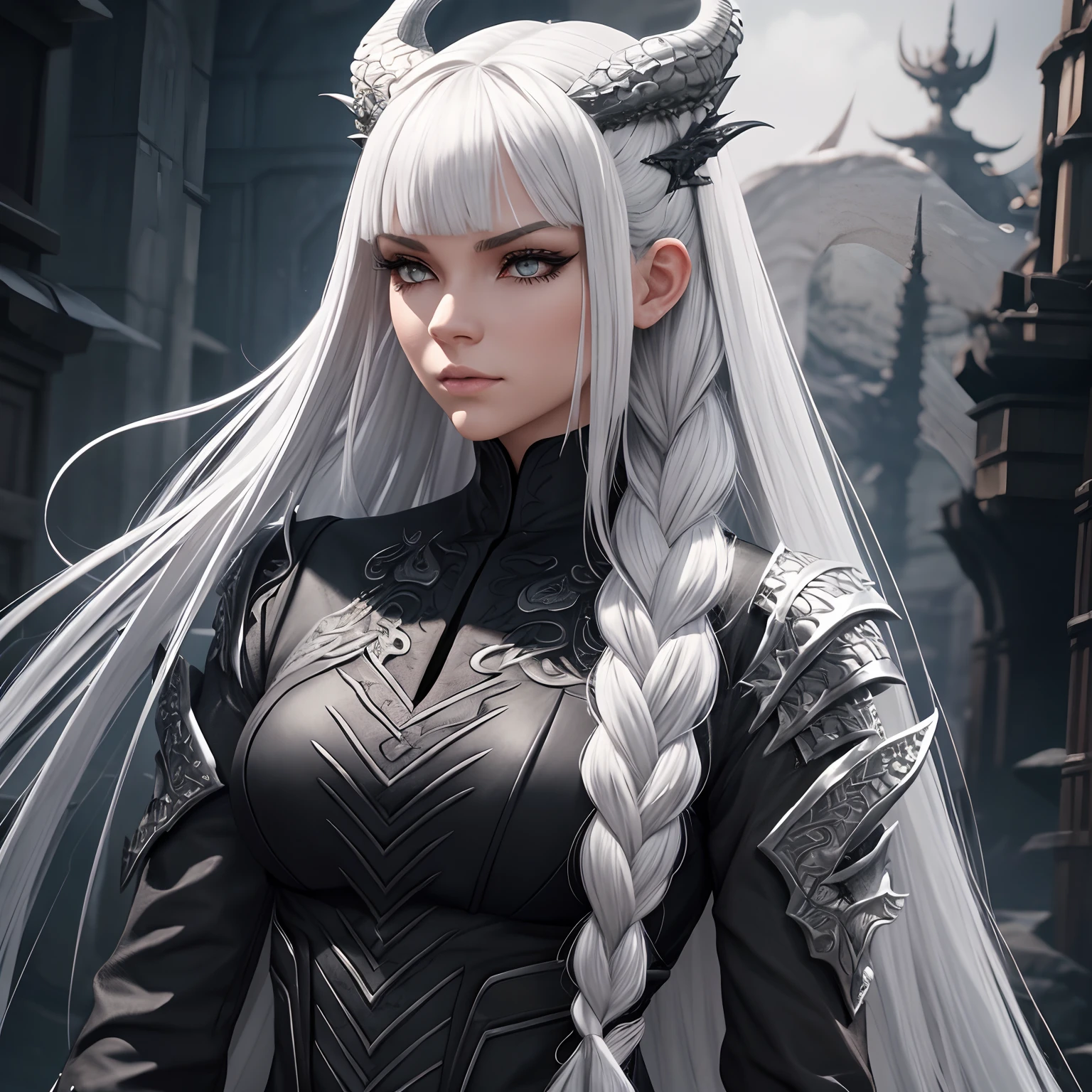 Character design sheet, same character, on front, from on the side, At the back. Young Dragon Girl, Tall stature, Toned physique. Long white hair braided, asymmetrical bangs. gray eyes. Black clothes with scaly patterns. Silver Horns on the head, Long Silver Dragon Tail. Silvery scales on the face. A silver fire burns around