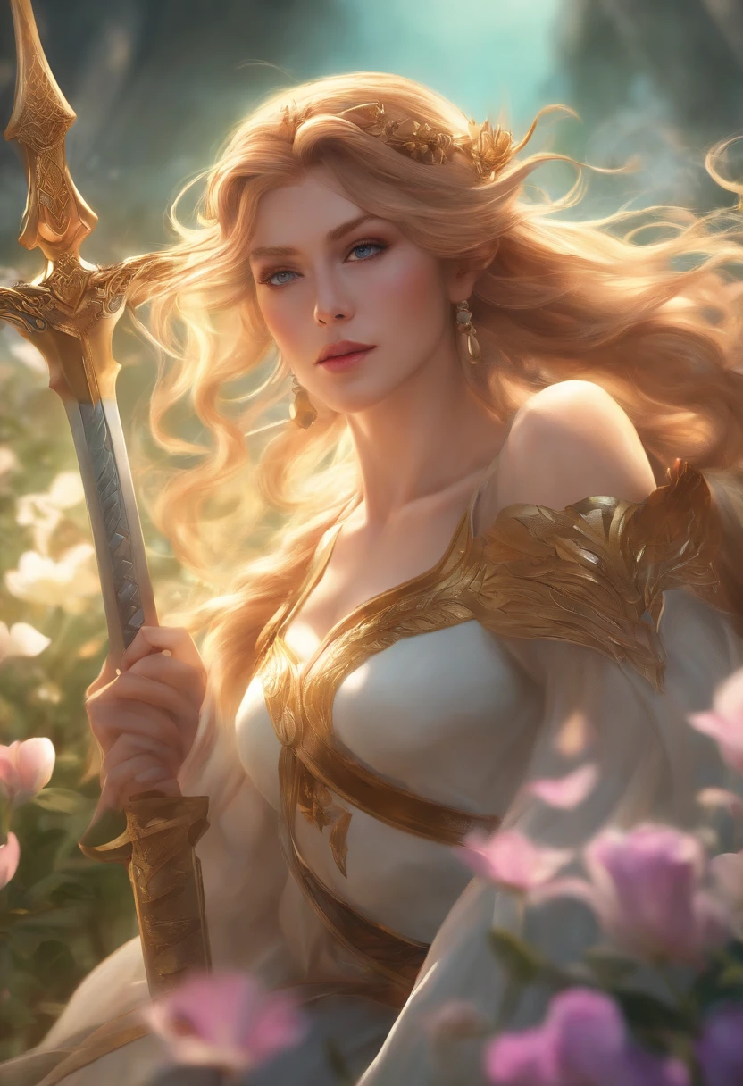 a close up of a person holding a sword and a sword, Palutenasmash, lady palutena, palutena, zelda, Portrait of Link, Link from Zelda, Official Character Art, Link from The Legend of Zelda, from The Legend of Zelda, Official art, Breath of the Wild Style, casimir art, Super Smash Bros.' David Bowie Defeat the brave Takraw Demon Lord Brave attire Vast landscape photo with a sword、(View from below with a view of the sky and the wilderness below)、Girl standing in a flower field and looking up、(fullmoon:1.2)、(shooting stars:0.9)、(nebulas:1.3)、mountain in the distance、Tree BREAK Production Art、(Warm color Light Source:1.2)、(fireflys:1.2)、abajour、Purple and orange、intricate detailes、Volume Lighting、Realism BREAK (masterpiece:1.2)、(top-quality)、4k、Ultra-Details、(The composition of the movement:1.4)、Very detailed and colorful details、(Iridescent colors:1.2)、(glowing lighting、Atmospheric lighting)、dream-like、Magical、(独奏:1.2)