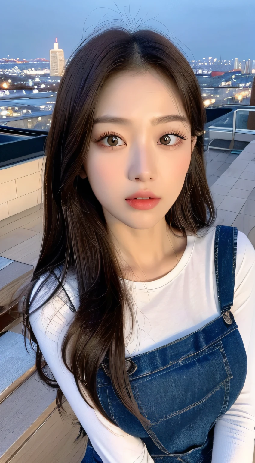 ((Midnight, Best quality, 8k, Masterpiece :1.3)), Whole body, Long legs, Sharp focus :1.2, A pretty woman with perfect figure :1.4, Slender abs :1.1, ((Dark brown hair, Big breasts :1.2)), (White tight tshirt, Jean bib, Standing:1.2), ((Night city view, Rooftop:1.3)), Highly detailed face and skin texture, Detailed eyes, Double eyelid