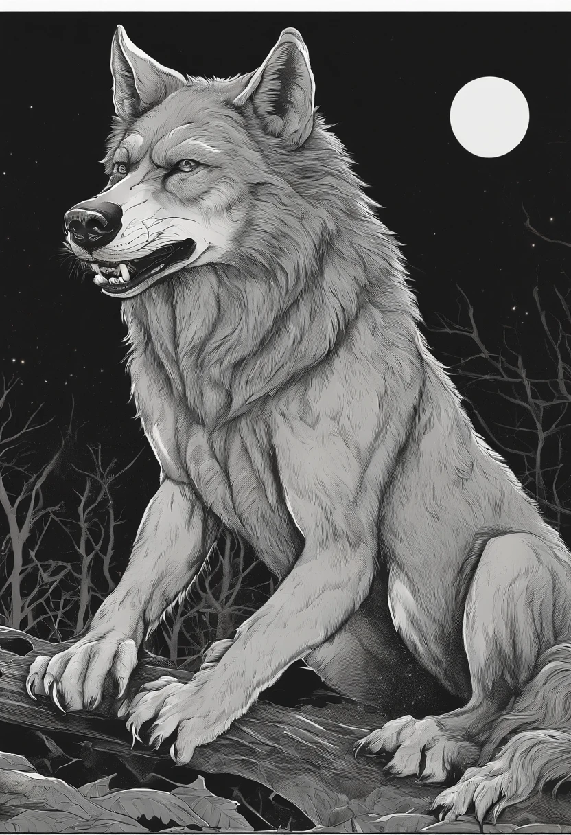 /imagine prompt: Scrawny werewolf illustration with sticker on black background,The outline is bold, Jagged edges, Garbage core, Light and shadow --V 5.2