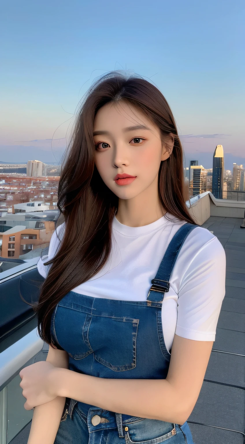 ((midnight, need, 8k, masterpiece:1.3)), Full body female love, long legs, focus:1.2, Beautiful woman with perfect body:1.4, slim abs:1.1, ((dark brown hair, huge :1.2 )), (white tight t-shirt, Denim suspenders, stand up:1.2), ((city night view, roof:1.3)), Highly detailed facial and skin textures, delicate eyes, double eyelids,cum on facial