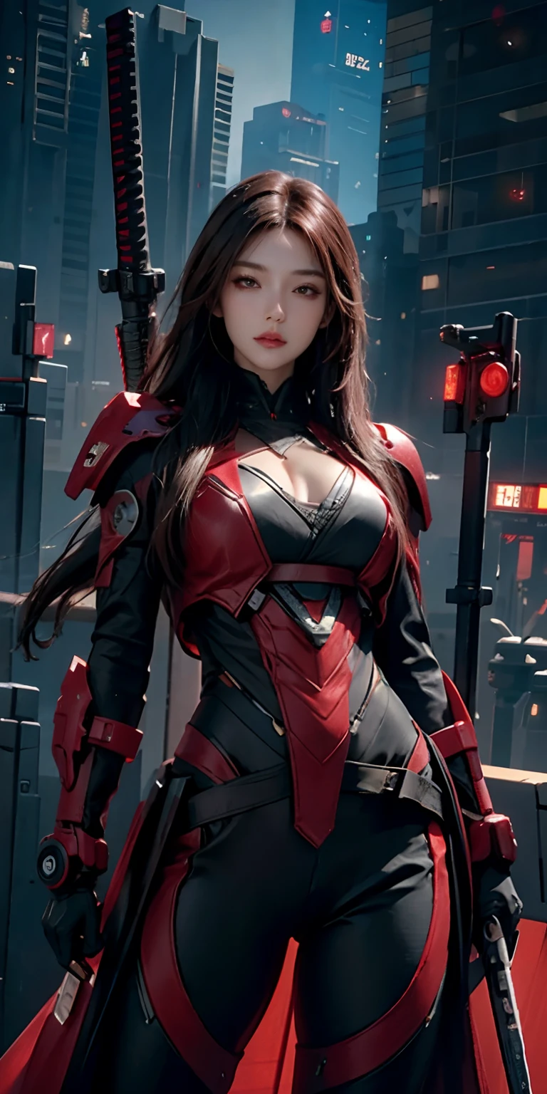 photorealistic, high resolution, soft light,1women, solo, hips up, (detailed face), red long hair, cybersamurai, cyborg, cyberpunk,  cyber armor, holding weapon,glowing,gun, city at night