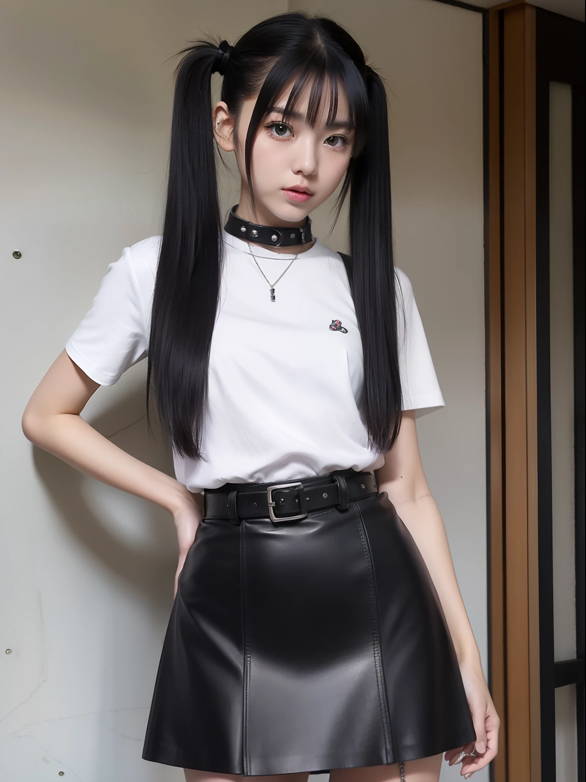 年轻，(Leather skirt)，fastener，PUNK ROCK，s girl，A dark-haired，Twin-tailed，poneyTail，delicate and petite body