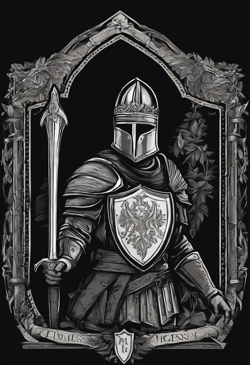 /imagine prompt: Guard illustration with sticker on black background,Half-body diagram，Shield in hand，The outline is bold, medieval times，Jagged edges, Garbage core, Light and Shadow - V 5.2
