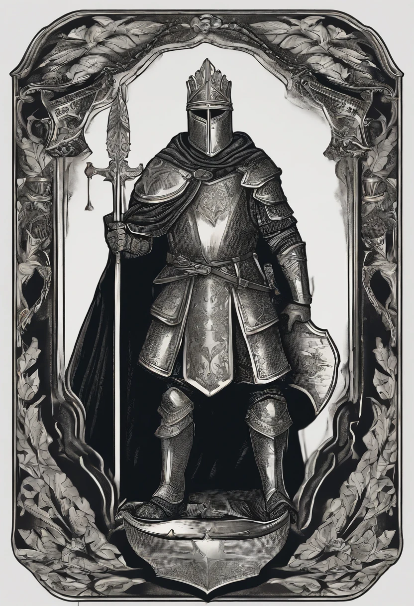 /imagine prompt: Guard illustration with sticker on black background,Half-body diagram,Shield in hand,The outline is bold, medieval times,Jagged edges, Garbage core, Light and Shadow - V 5.2