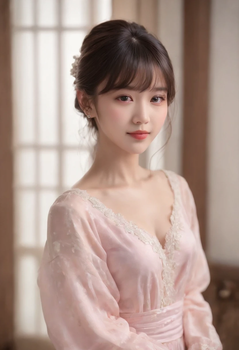 top-quality, Photorealsitic, masterpiece, 8K, Hi-Res, 独奏, 1girl, (((infp young woman))),sixteen years old、full bodyesbian、(small tits), ((Look at viewers)), (look at a camera), ((Various hairstyles close to long))、Perfect straight black hair、((With bangs))、 (profetional lighting), Highly detailed bright face、Gentle Japan girl、lovely smile、Small cleavage、Pink dress(long-sleeve)、Standing in the room