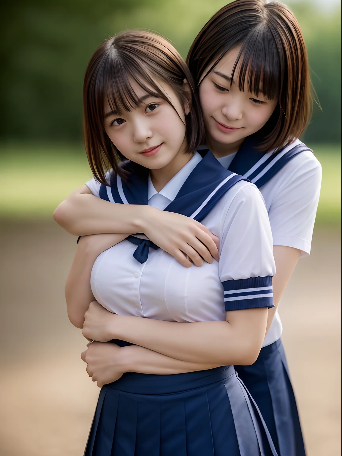 NSFW, (masutepiece), (photo realistic1.4), 超A high resolution, Best Quality, 8K, Soft light, Blurry background,
BREAK 
1girl ,18year old, Very beautiful schoolgirl, Beautiful face, Beautiful face, Perfect face, cute symmetrical eyes, 二重まぶた, slender, medium breasts, puffies_, election , Sweaty body, (Short shaggy hair, dark brown hair),
BREAK
((1boy, Girl hugging from behind)), 1girl in, (School uniform, Short sleeve sailor suit), Red tie, ((Sweaty clothes)), shirts lift, Clothes lift, breasts, , No bra, Exposed breasts, Pleated skirt, Skirt lift, ((cum dripping , cum on the body)),
break
Evil smile, ((embarrassed, shame)), Full face blush, breathing deeply, Looking at Viewer,