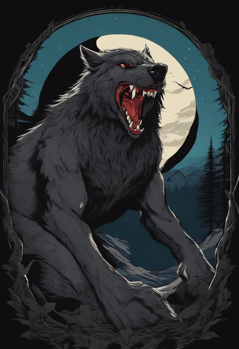 /imagine prompt: Scrawny werewolf illustration with sticker on black background,The shape of a person,The outline is bold, Jagged edges, Trash core, Light and Shadow - V 5.2