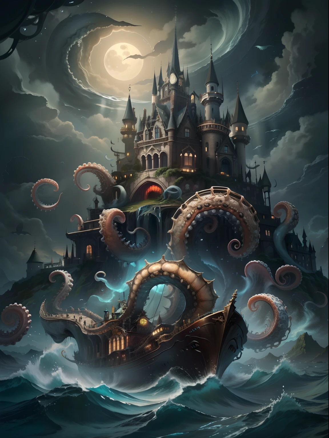 tmasterpiece:Dark castle on the move,Below is the sea monster,(The sea monster holds up the castle),Sea Monster Tentacles,Octopus tentacles,the night,rays of moonlight,swell sea,shock,mistic,(((Look at the perspective from the bottom up)))。(number art,Official artistic aesthetics,k hd,8K,Super meticulous,Strong color scheme,higher details,Exquisitely)