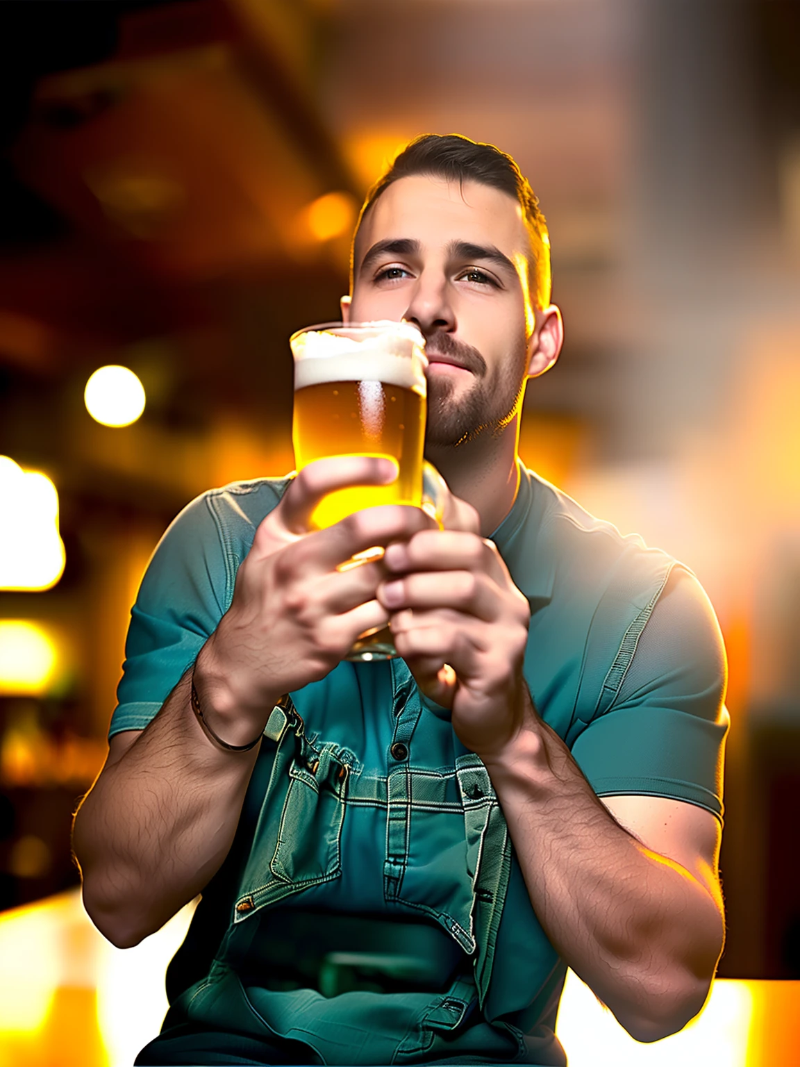 RAW photo, A man with a glass of beer in a pub, Photorealistic beautiful face, Photorealistic