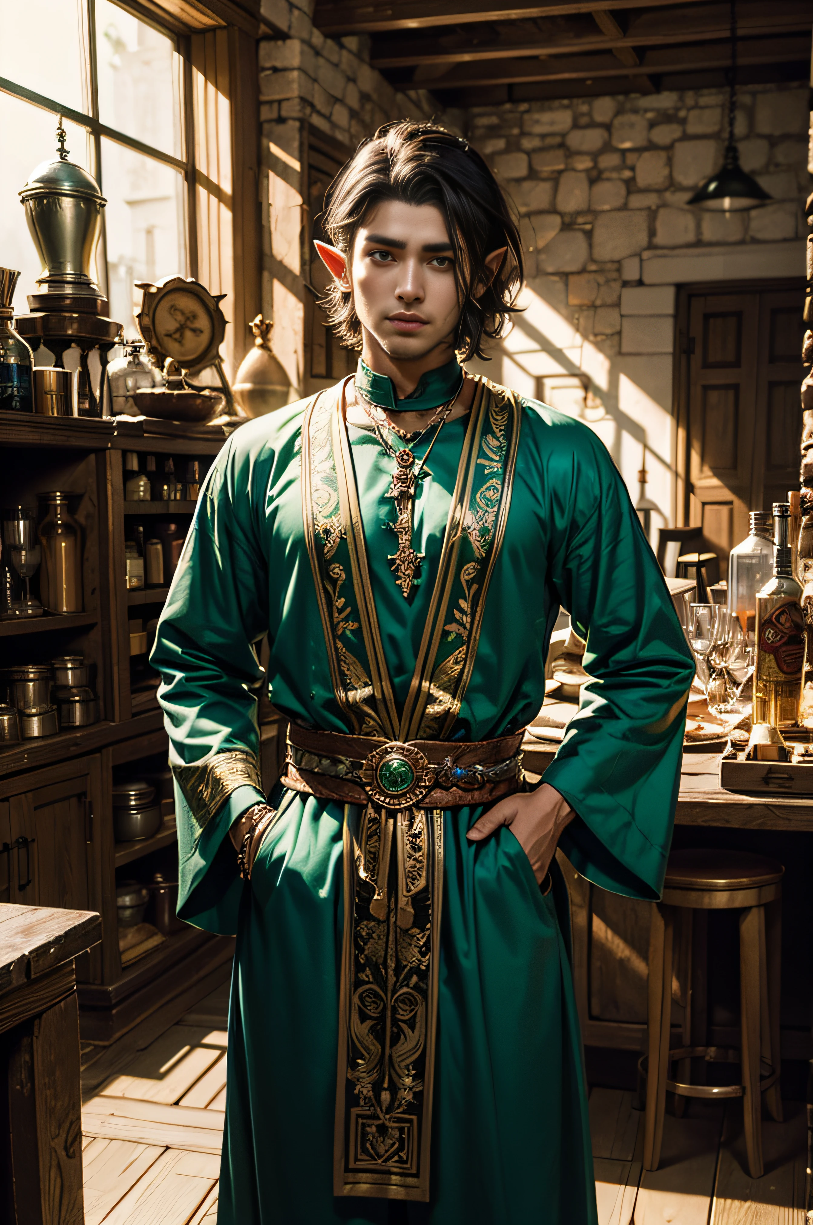 dnd character portrait of an elf, male half-elf, black hair, light brown skin, green eyes, (hispanic), middle-eastern, ((casual)) clothes, (alchemist) workshop background