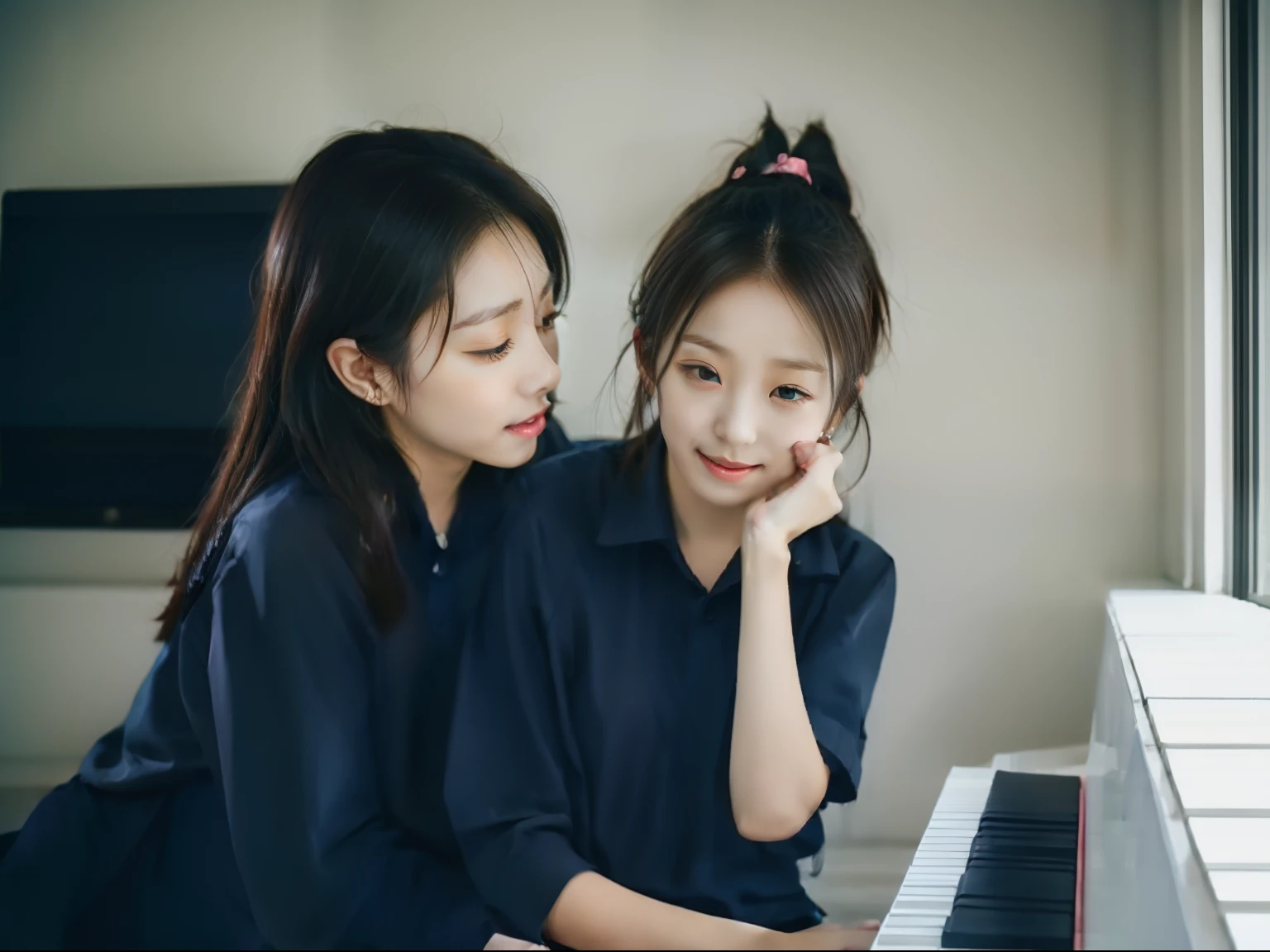 2girl in piano room
