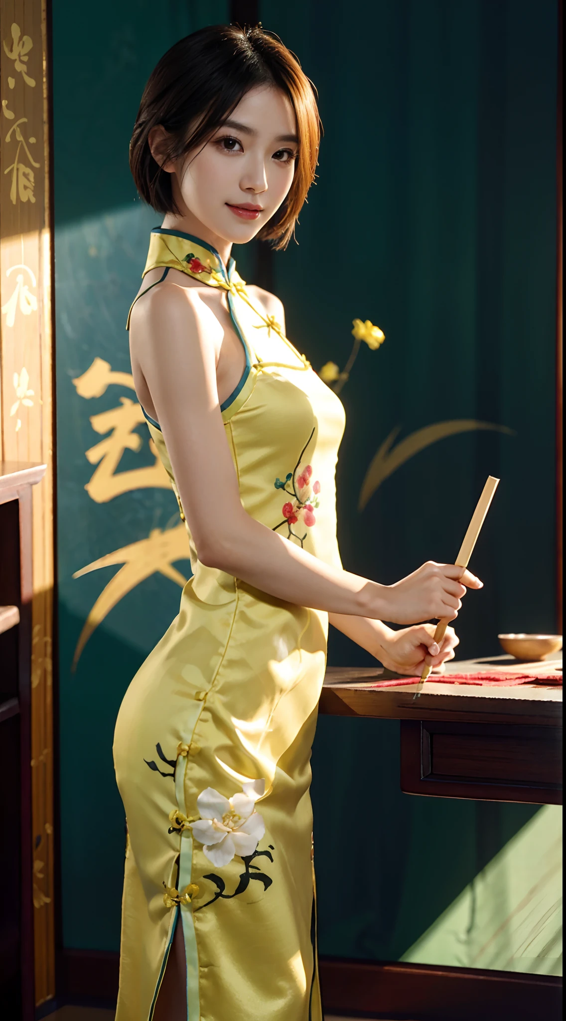 (shoulder-length straight short hair: 1.2),Upper body, （Extremely meticulous CG 8k wallpaper），（Extremely refined and beautiful），（Masterpiece），（best qualtiy:1.0），（Ultra High Resolution:1.0），beautiful light up，Perfect lightning，realistic shaded，[A high resolution]，Smooth and flawless fair skin，Extremely exquisite facial details，ultra - detailed，A  girl，small head，Smile，cheerfulness,Summer，afternoon，Close Shot，at home，In living room,Blue green background，(Standing at a large table:1.3),（Very large white papers on the table:1.3）,enjoying a comfortable and intoxicated expression,small face，（perfect body:1.1）,small breasts，flat chest，slim，thin，(yellow cheongsam:1.3)，Slender legs，shoulders off，bare shoulders，Charming collarbone，flowers,from front，(Holding a Chinese writing brush in hand:1.3),lean forward,(Practicing Chinese calligraphy:1.3)