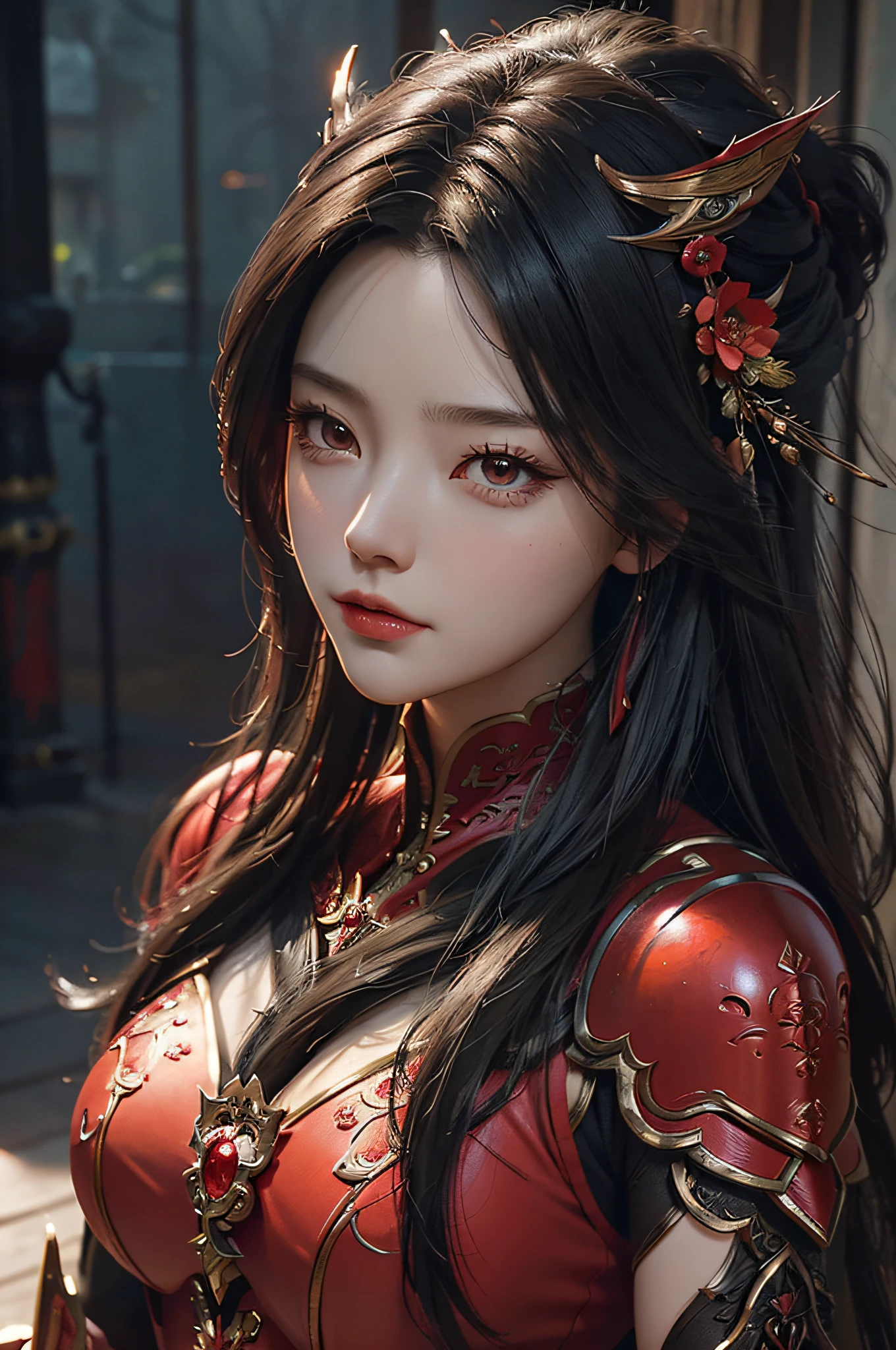 a close up of a woman in a women in a red and black dress, chengwei pan on artstation, by Yang J, detailed fantasy art, stunning character art, fanart best artstation, epic exquisite character art, beautiful armor, extremely detailed artgerm, Detailed digital anime art, Artgerm on ArtStation Pixiv, armor girl