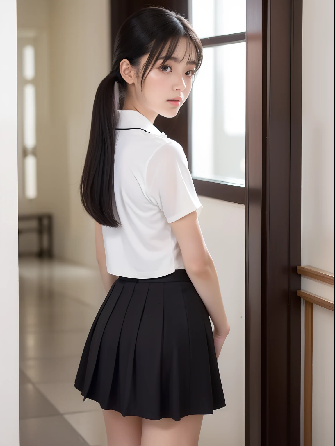 年轻，(blanche，long to，flered skirt)，teens girl，A dark-haired，Twin-tailed，poneyTail，delicate and petite body