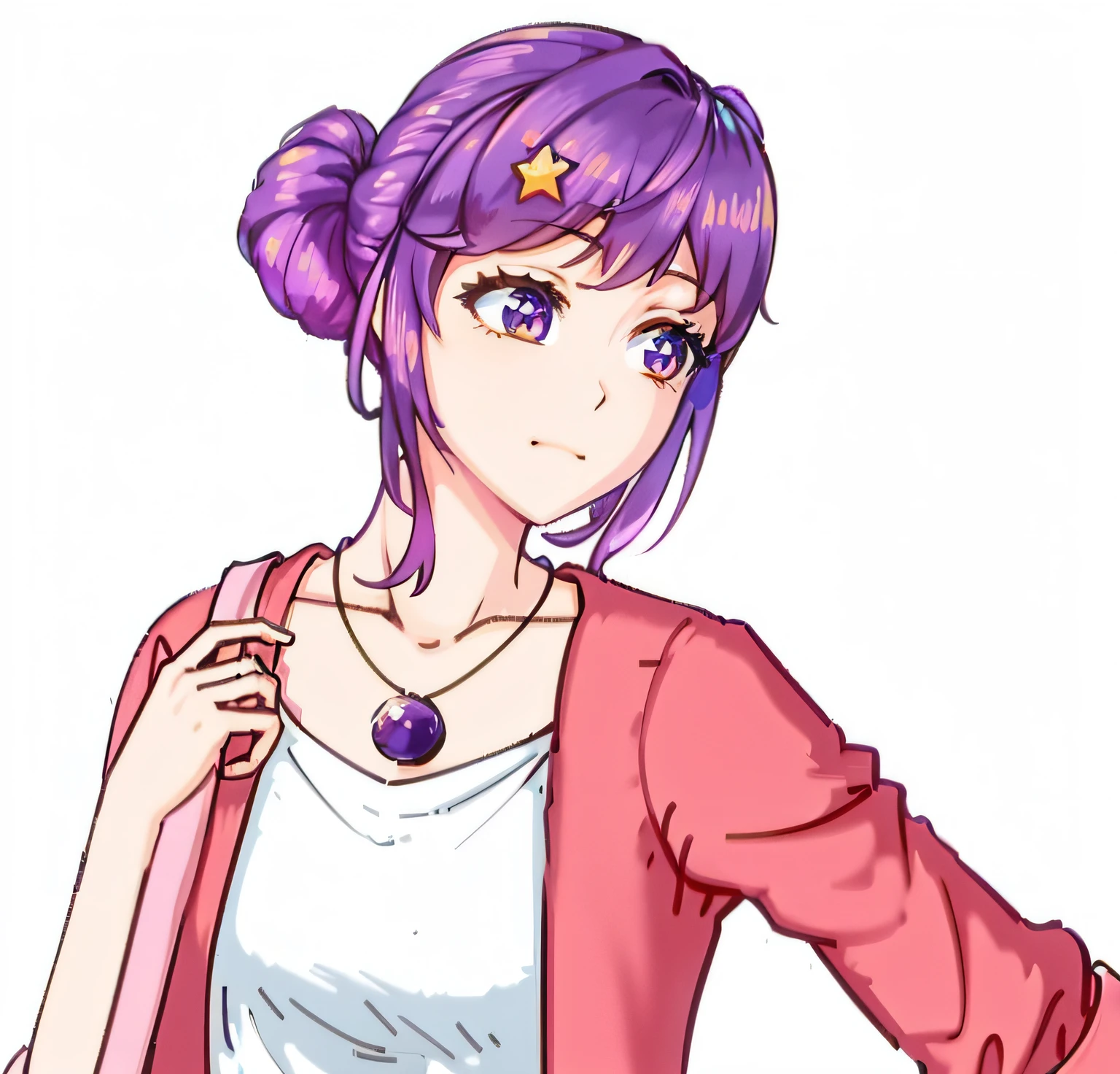Anime girl with purple hair and pink jacket, Misato Katsuragi, anime moe art style, Anime style portrait, anime style character, in an anime style, High Quality Anime Art Style, Marin Kitagawa fanart, she has purple hair, In anime style, 2 d anime style, realistic anime artstyle, Portrait Chevaliers du Zodiaque Fille, made with anime painter studio
