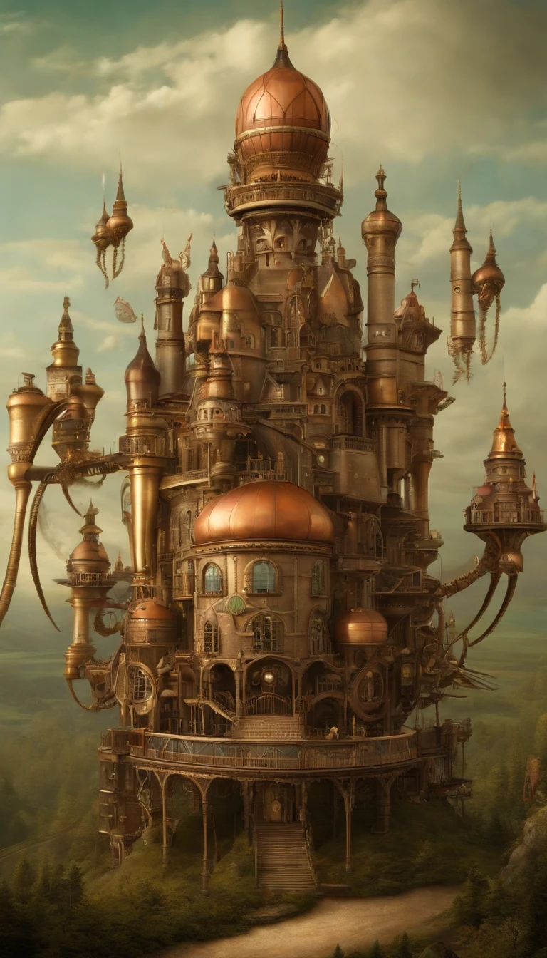 (Intricate steampunk biomechanical castle,Standing below the castle are mechanical legs resembling crab legs:1.45),trippy gorgeous surreal composition popart of a wonderous enchanting Victorian Atompunk Steampunk Candyland fantasy world on ???, magnificent towering castle, steam train, hot air balloon, psychedelic colorful, Candyland, busy, detailed, psychedelic colors, by Mark Ryden and Ray Caesar