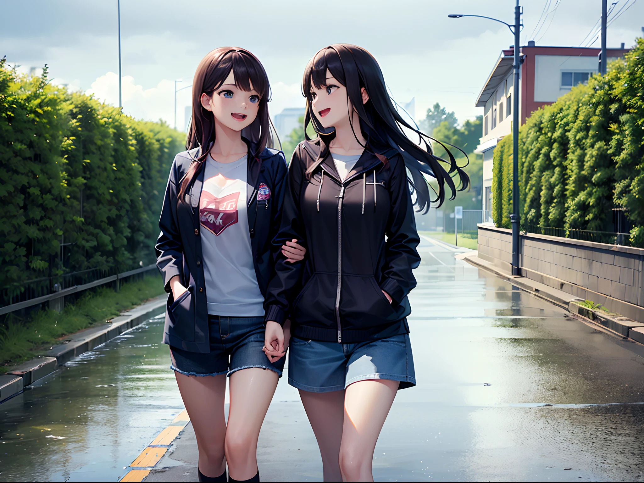 ((Best quality, 8K, Masterpiece: 1.3)), highschool girls walking in rain, soaked wet, laughing, beautiful scenery