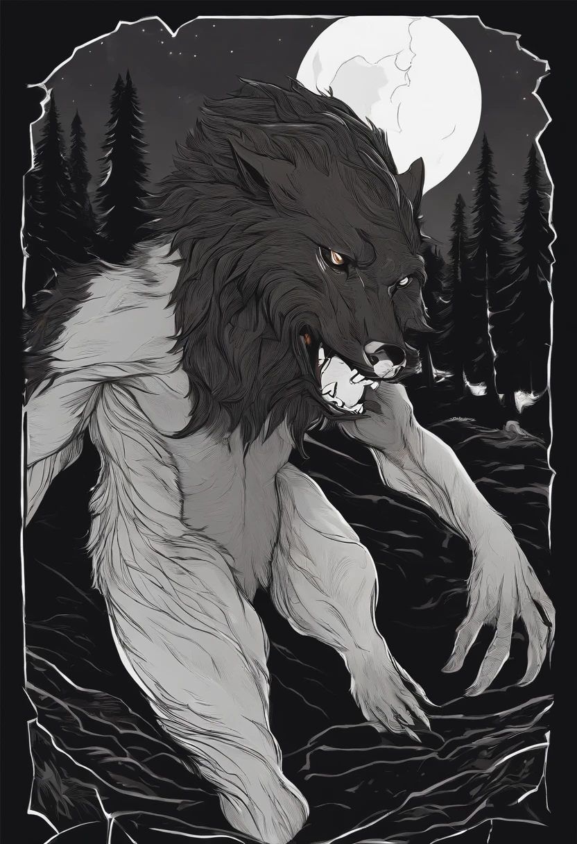/imagine prompt: A werewolf is behind a person,Illustration with sticker on black background,,The outline is bold, Jagged edges, Garbage core, Light and Shadow - V 5.2