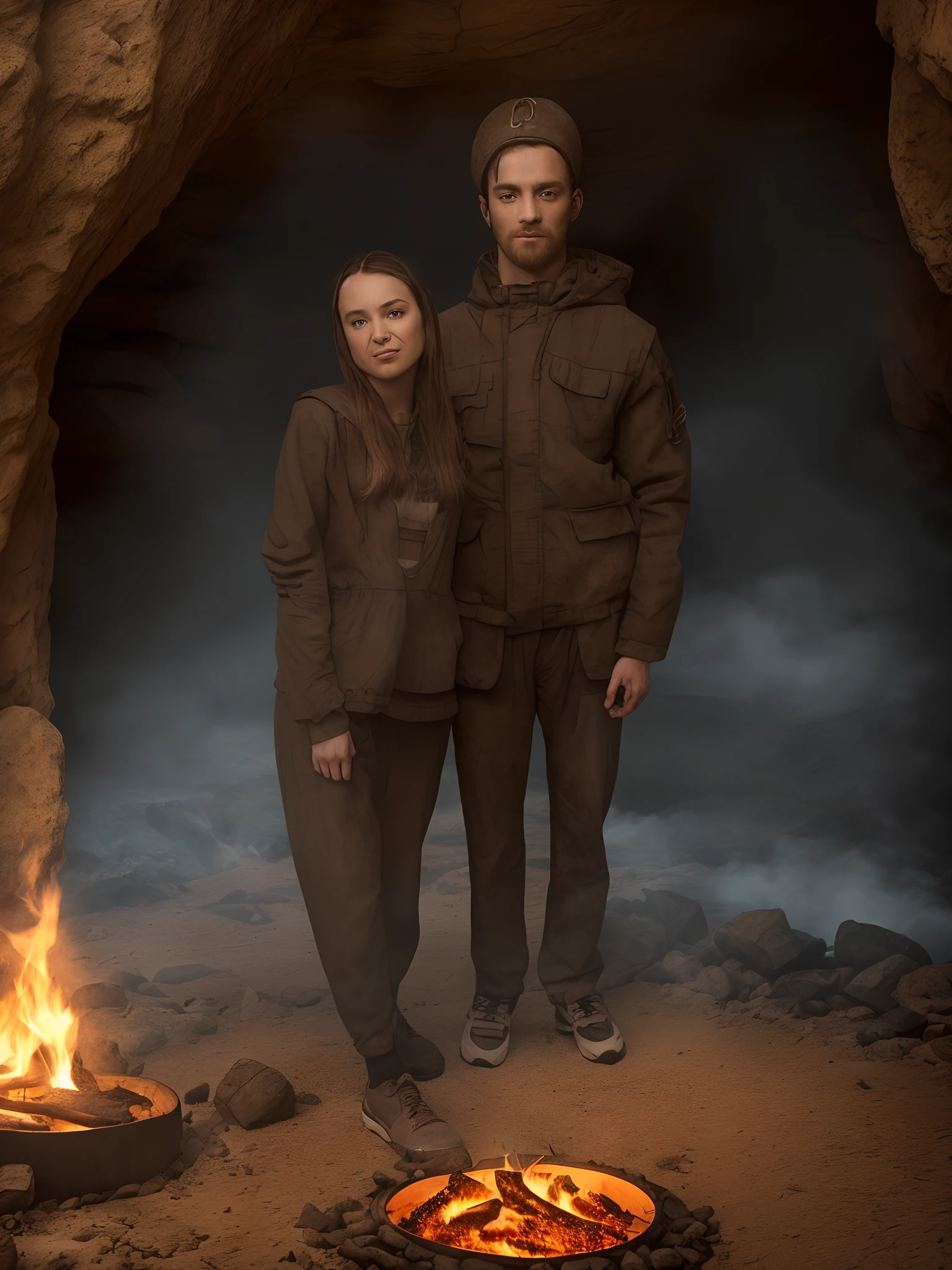 A guy and a girl in sneakers standing by the fire, The Vikings in the Cave, Viking clothing, hyper-detailing, Ultra-sharpness, 8K, (insanely detailed: 1,5)