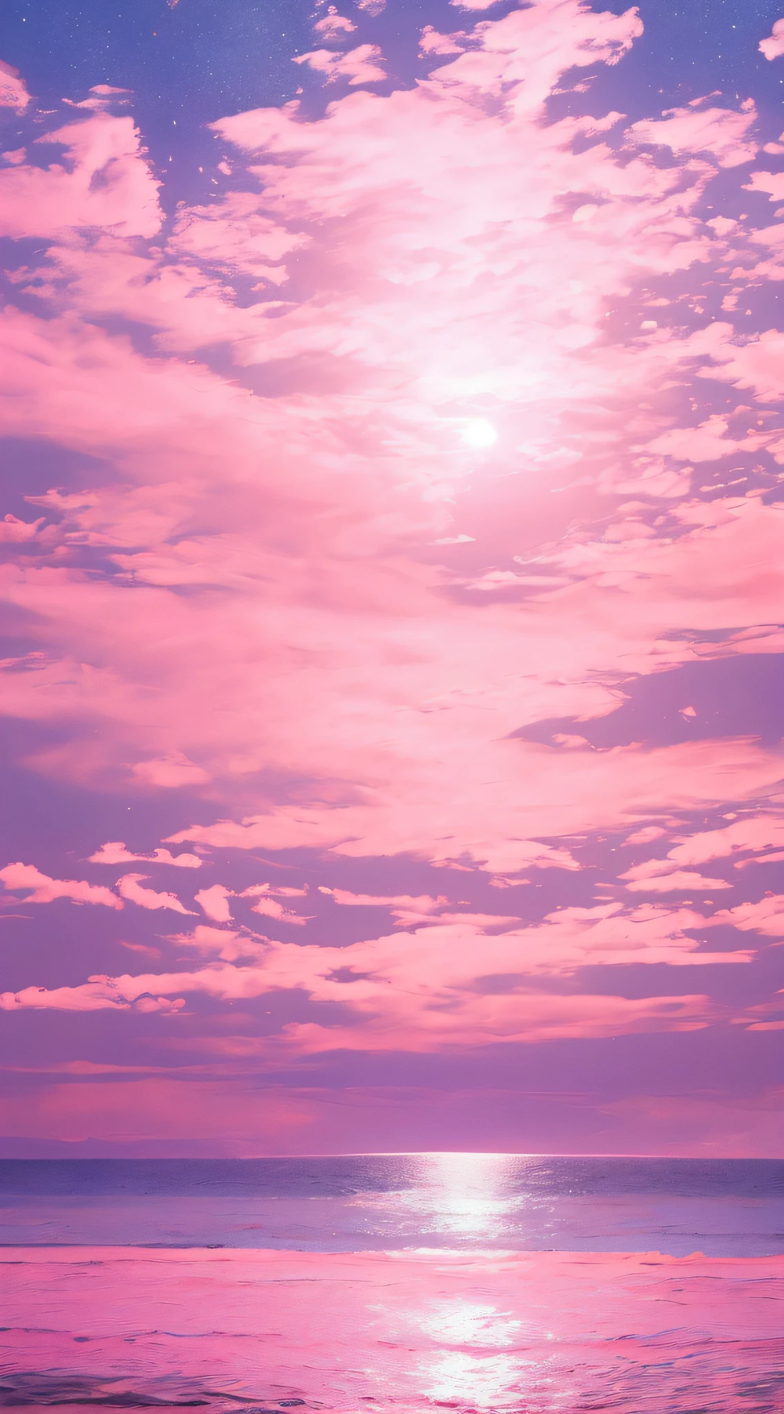 Pink moon, pink sky, soft pink clouds, pink ocean waves sparkling, sparkling, pink roses on pink ocean, fantasy, diamond, crown, universe, soft lights,